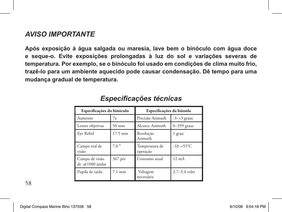 Aviso importante, Especificações técnicas | Bushnell 13-7507 User Manual | Page 58 / 64