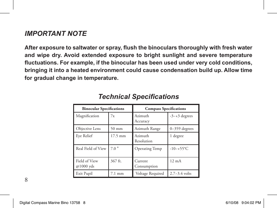 Technical specifications | Bushnell 13-7507 User Manual | Page 8 / 64