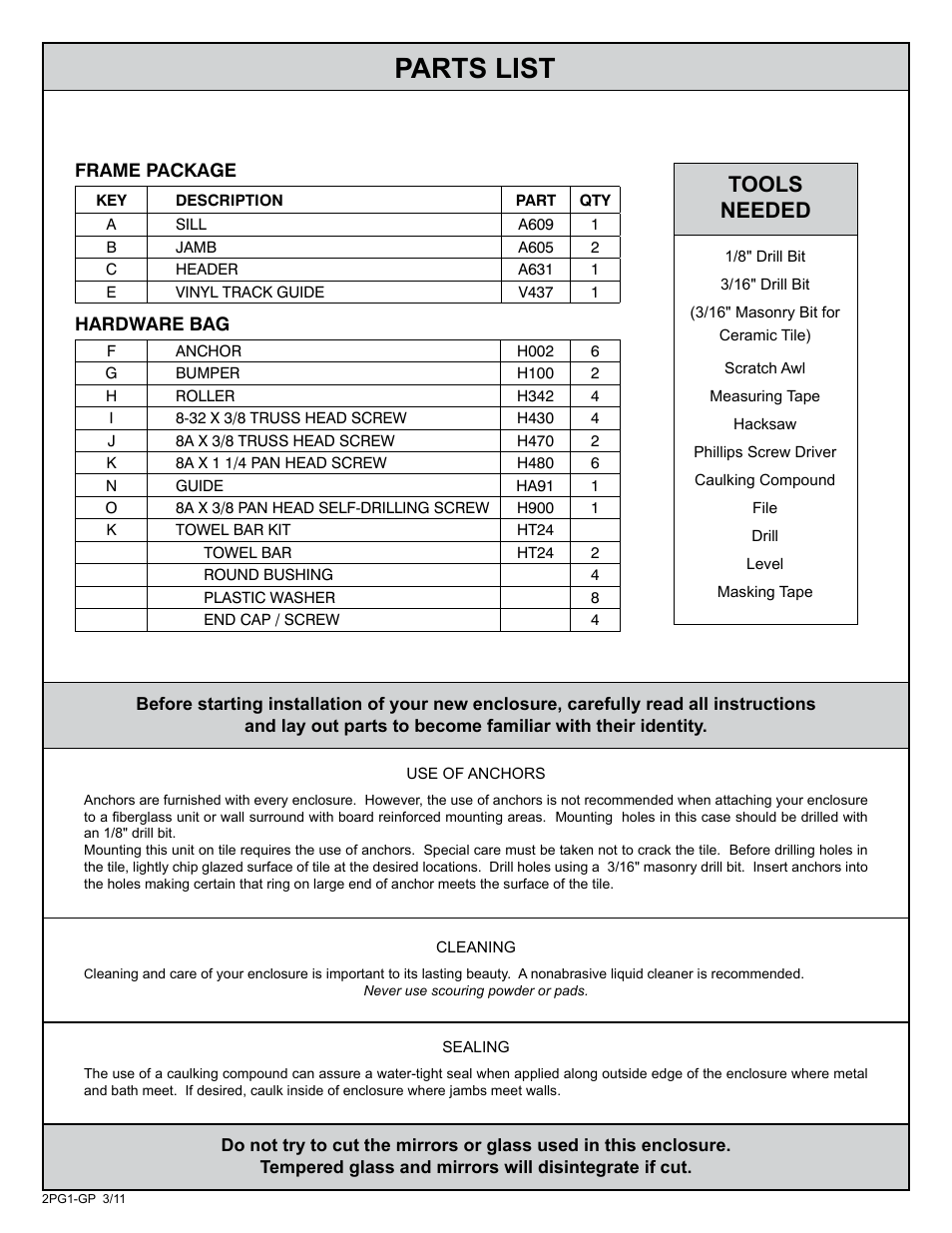 Parts list, Tools needed | Coral Industries Provincial Prestige Bypass with Towel Bars and LSL Sill - 2PG1 (Most Common) User Manual | Page 2 / 7