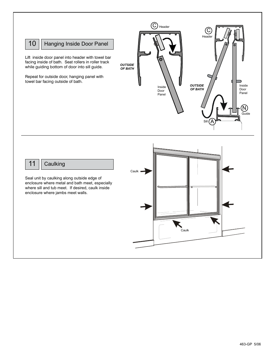 Hanging inside door panel, Caulking | Coral Industries Provincial Prestige Bypass with Towel Bars and LSL Sill - 2PG1 (Most Common) User Manual | Page 7 / 7