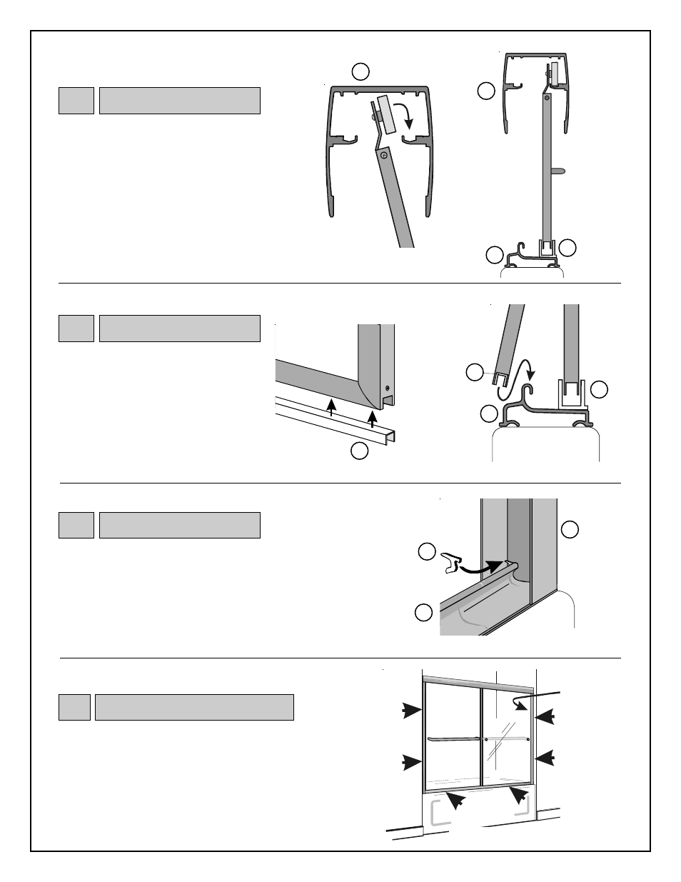 Hanging door panel, Door silencer, Water deflector | Caulking | Coral Industries Provincial Prestige Bypass with Towel Bars and SSL Sill - 2PG6 User Manual | Page 6 / 6