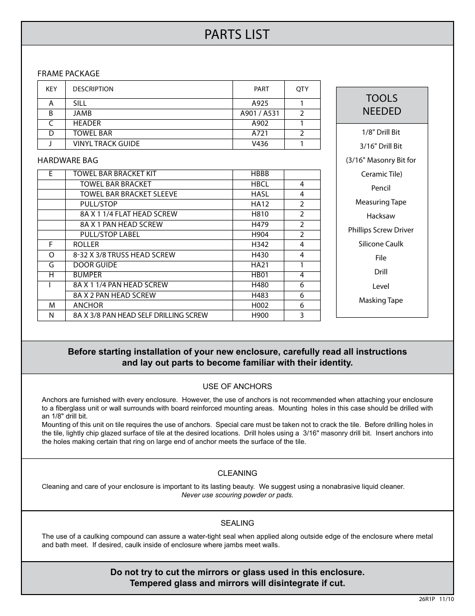 Parts list, Tools needed | Coral Industries 6000 Bypass with BTB Towel Bar - 26R1-P (If Purchased from a Plumbing Wholesaler – Most Common) User Manual | Page 2 / 8