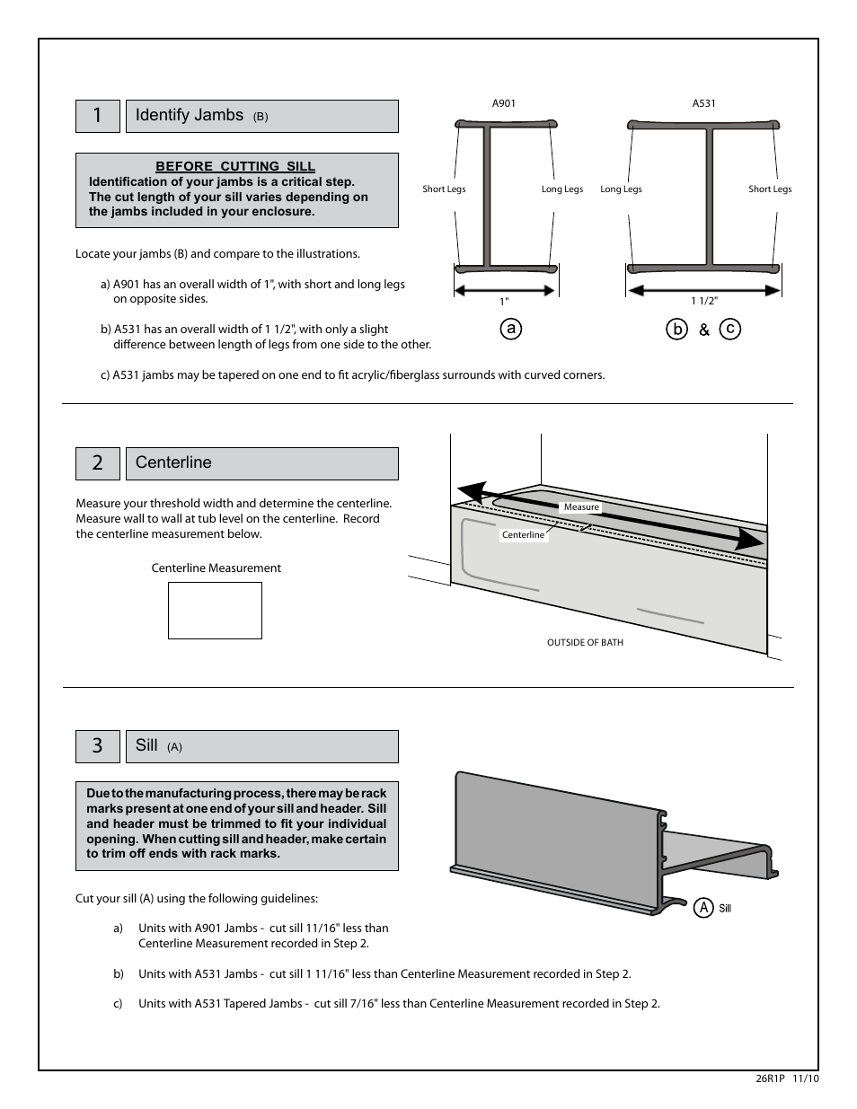 Centerline, Identify jambs, Sill | Coral Industries 6000 Bypass with BTB Towel Bar - 26R1-P (If Purchased from a Plumbing Wholesaler – Most Common) User Manual | Page 4 / 8