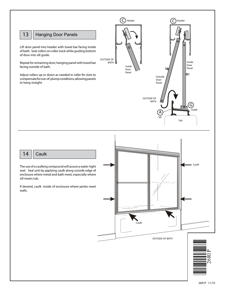 26 r1 p, Hanging door panels, Caulk | Cg a | Coral Industries 6000 Bypass with BTB Towel Bar - 26R1-P (If Purchased from a Plumbing Wholesaler – Most Common) User Manual | Page 8 / 8