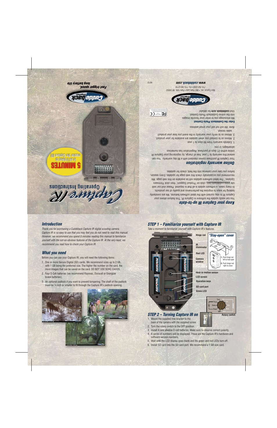 Introduction, What you need, Step 1 – familiarize yourself with capture ir | Step 2 – turning capture ir on, Keep your capture ir up-to-date, Online warranty registration | Cuddeback CAPTURE FAMILY IR User Manual | Page 3 / 8