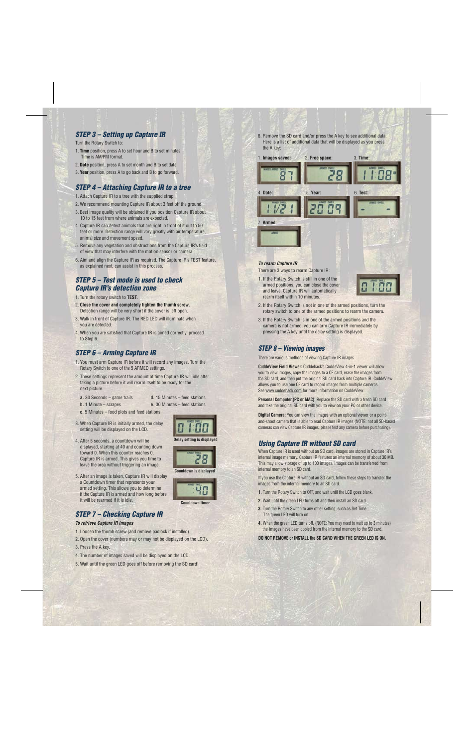 Step 3 – setting up capture ir, Step 4 – attaching capture ir to a tree, Step 6 – arming capture ir | Step 7 – checking capture ir, Step 8 – viewing images, Using capture ir without sd card | Cuddeback CAPTURE FAMILY IR User Manual | Page 4 / 8