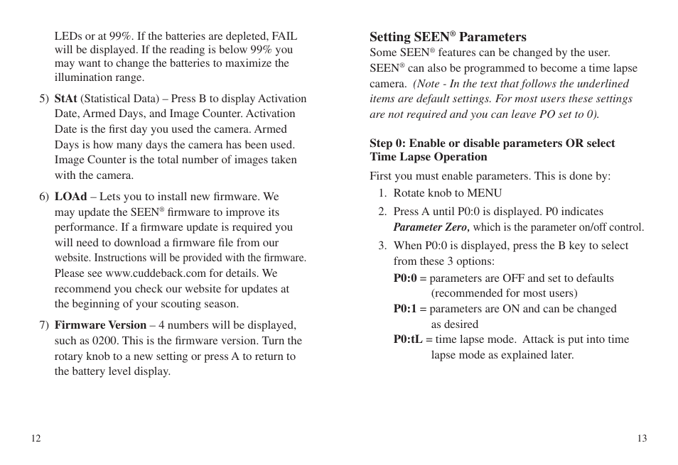 Setting seen, Parameters | Cuddeback SEEN FAMILY User Manual | Page 10 / 19