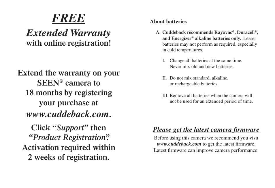 Free, Extended warranty | Cuddeback SEEN FAMILY User Manual | Page 2 / 19