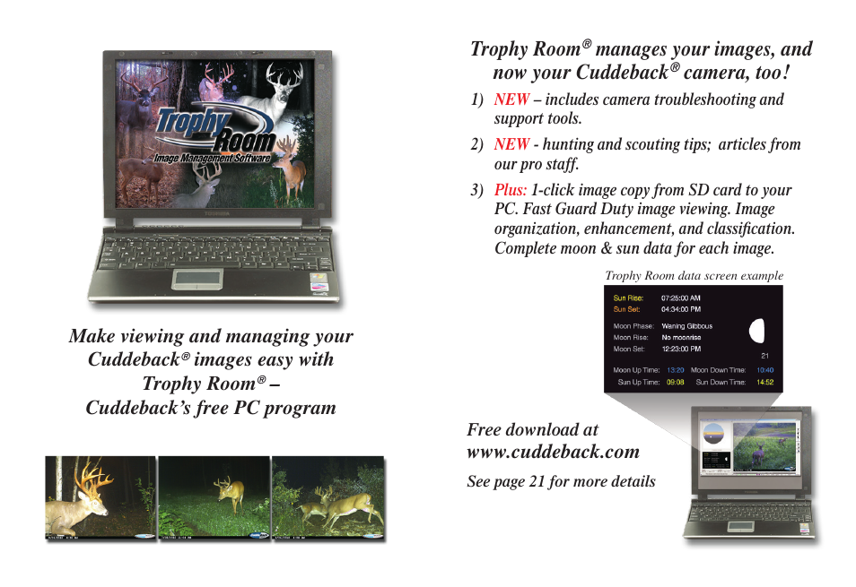 Trophy room, Manages your images, and now your cuddeback, Camera, too | Cuddeback SEEN FAMILY User Manual | Page 3 / 19