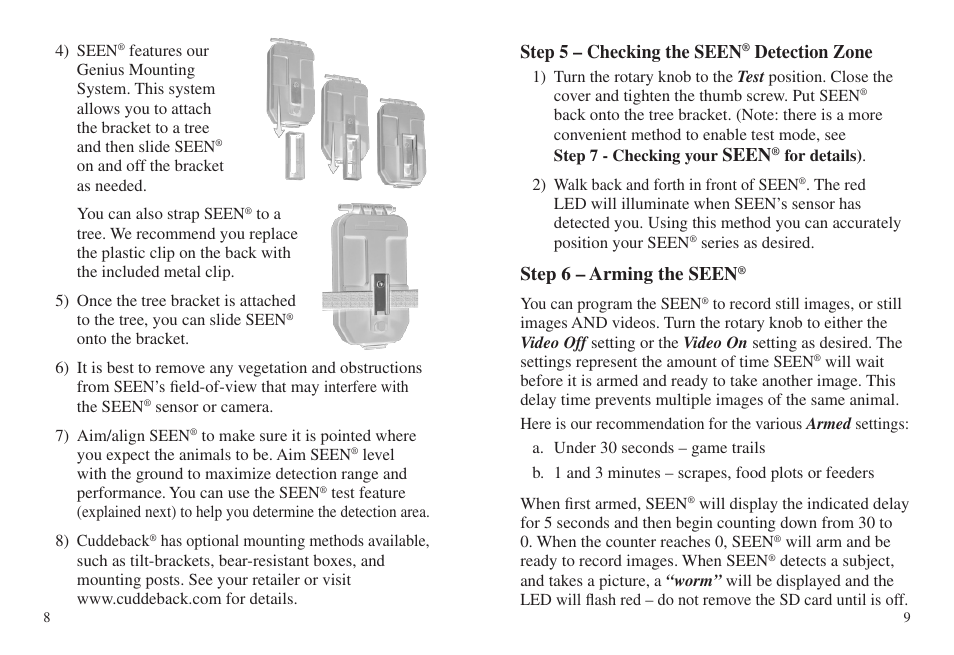 Step 5 – checking the seen, Detection zone, Seen | Step 6 – arming the seen | Cuddeback SEEN FAMILY User Manual | Page 8 / 19