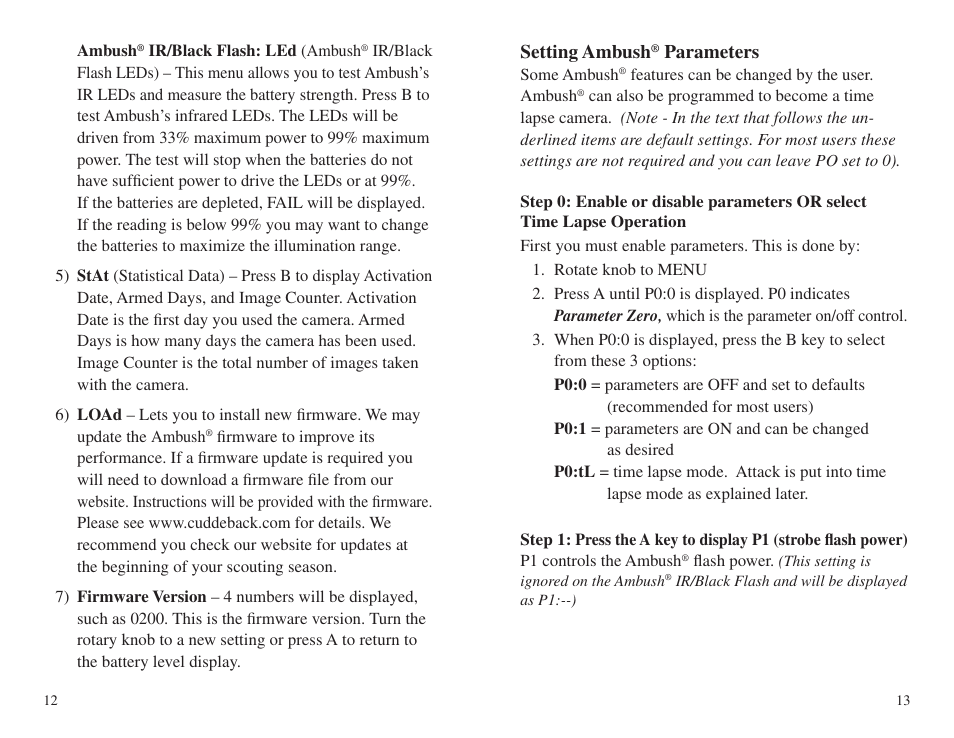 Setting ambush, Parameters | Cuddeback AMBUSH FAMILY User Manual | Page 10 / 19