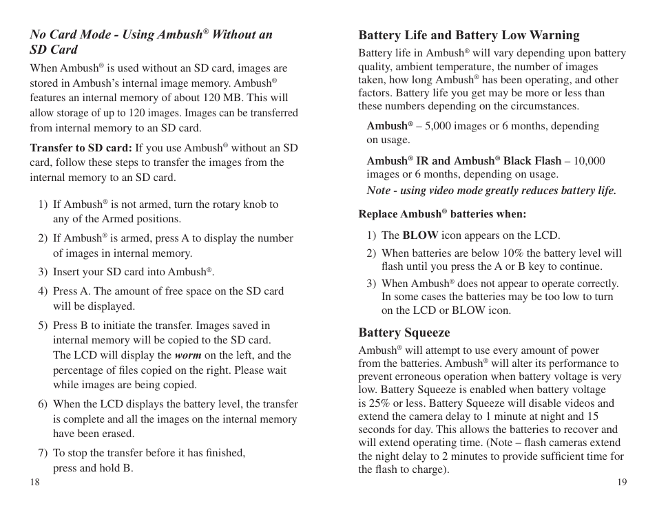 No card mode - using ambush, Without an sd card, Battery life and battery low warning | Battery squeeze | Cuddeback AMBUSH FAMILY User Manual | Page 13 / 19