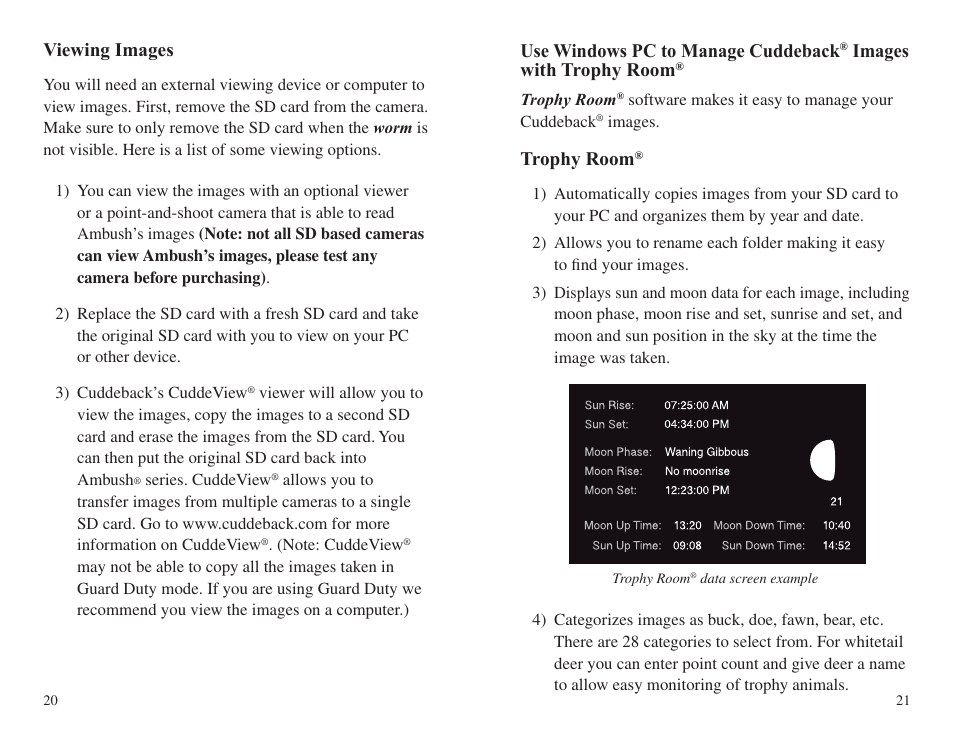 Viewing images, Use windows pc to manage cuddeback, Images with trophy room | Trophy room | Cuddeback AMBUSH FAMILY User Manual | Page 14 / 19
