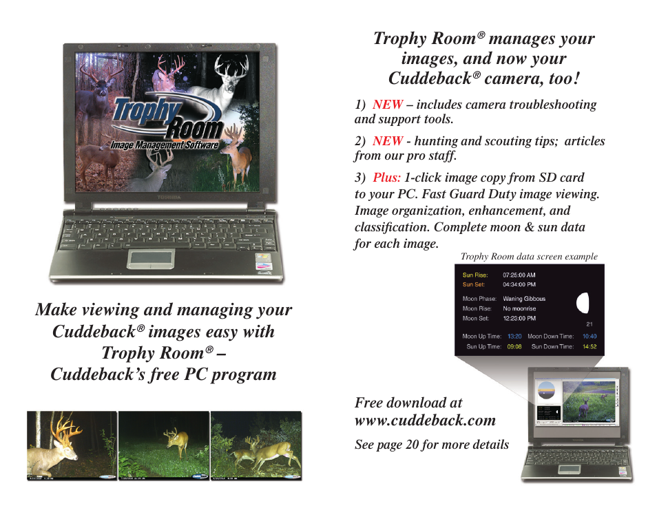 Make viewing and managing your cuddeback, Images easy with trophy room, Cuddeback’s free pc program | Trophy room, Manages your images, and now your cuddeback, Camera, too | Cuddeback AMBUSH FAMILY User Manual | Page 3 / 19