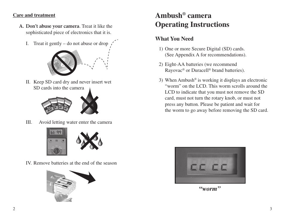 Ambush, Camera, Operating instructions | Worm | Cuddeback AMBUSH FAMILY User Manual | Page 5 / 19