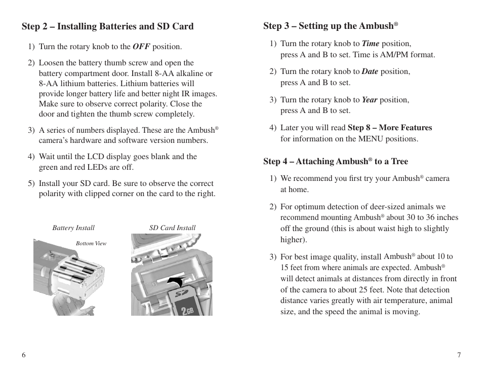 Step 2 – installing batteries and sd card, Step 3 – setting up the ambush | Cuddeback AMBUSH FAMILY User Manual | Page 7 / 19