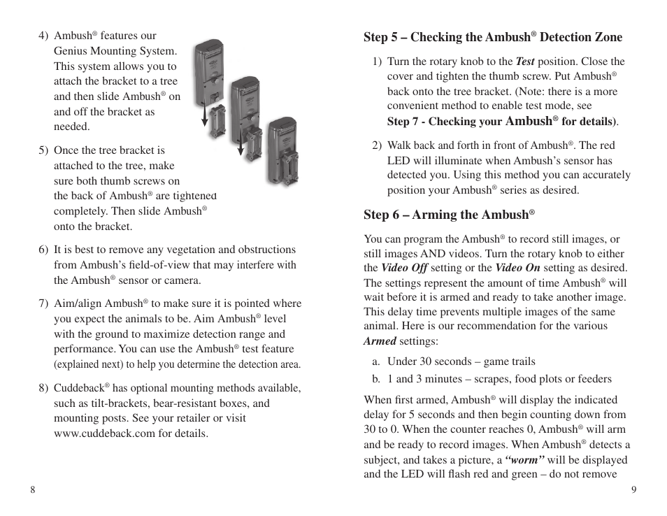 Step 5 – checking the ambush, Detection zone, Ambush | Step 6 – arming the ambush | Cuddeback AMBUSH FAMILY User Manual | Page 8 / 19