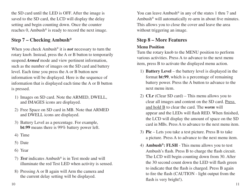 Step 7 – checking ambush, Step 8 – more features | Cuddeback AMBUSH FAMILY User Manual | Page 9 / 19