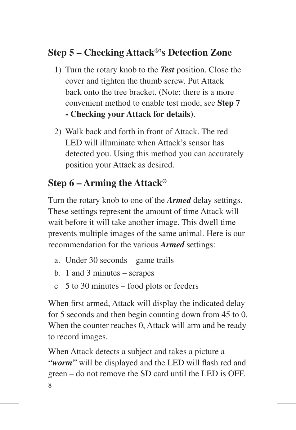 Step 5 – checking attack, S detection zone, Step 6 – arming the attack | Cuddeback ATTACK FAMILY User Manual | Page 14 / 36