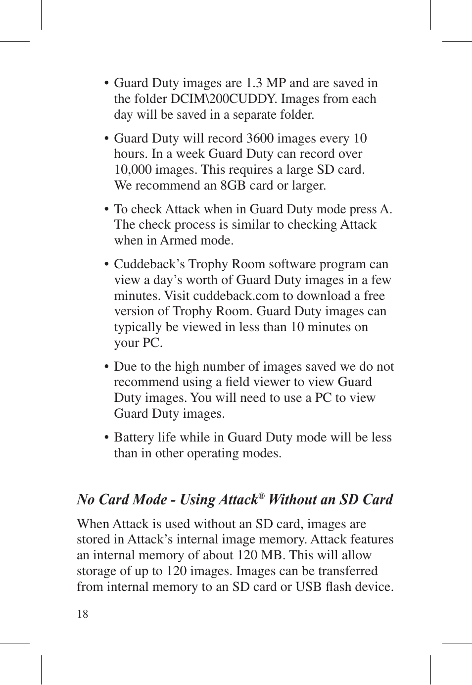 No card mode - using attack, Without an sd card | Cuddeback ATTACK FAMILY User Manual | Page 24 / 36