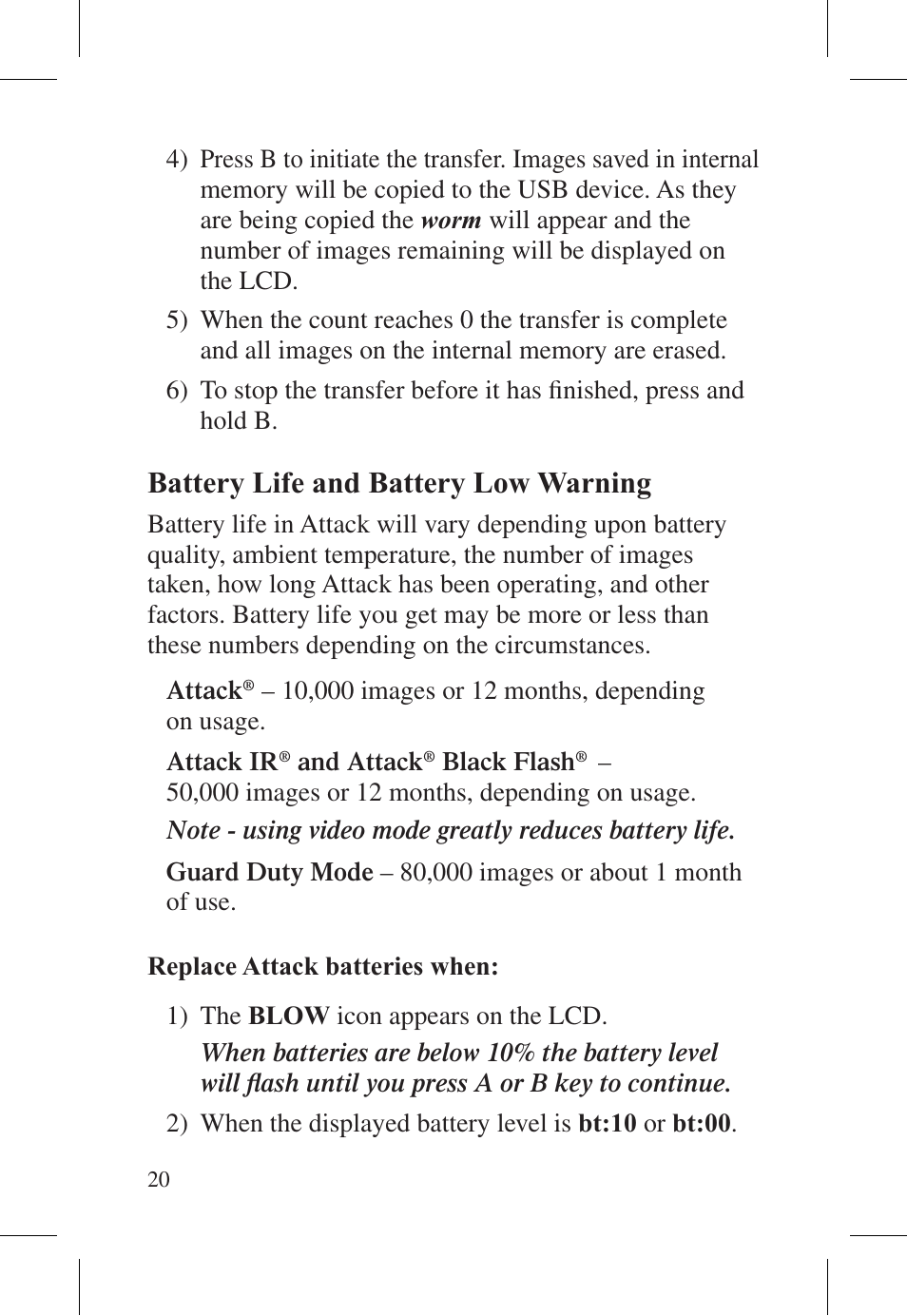 Battery life and battery low warning | Cuddeback ATTACK FAMILY User Manual | Page 26 / 36