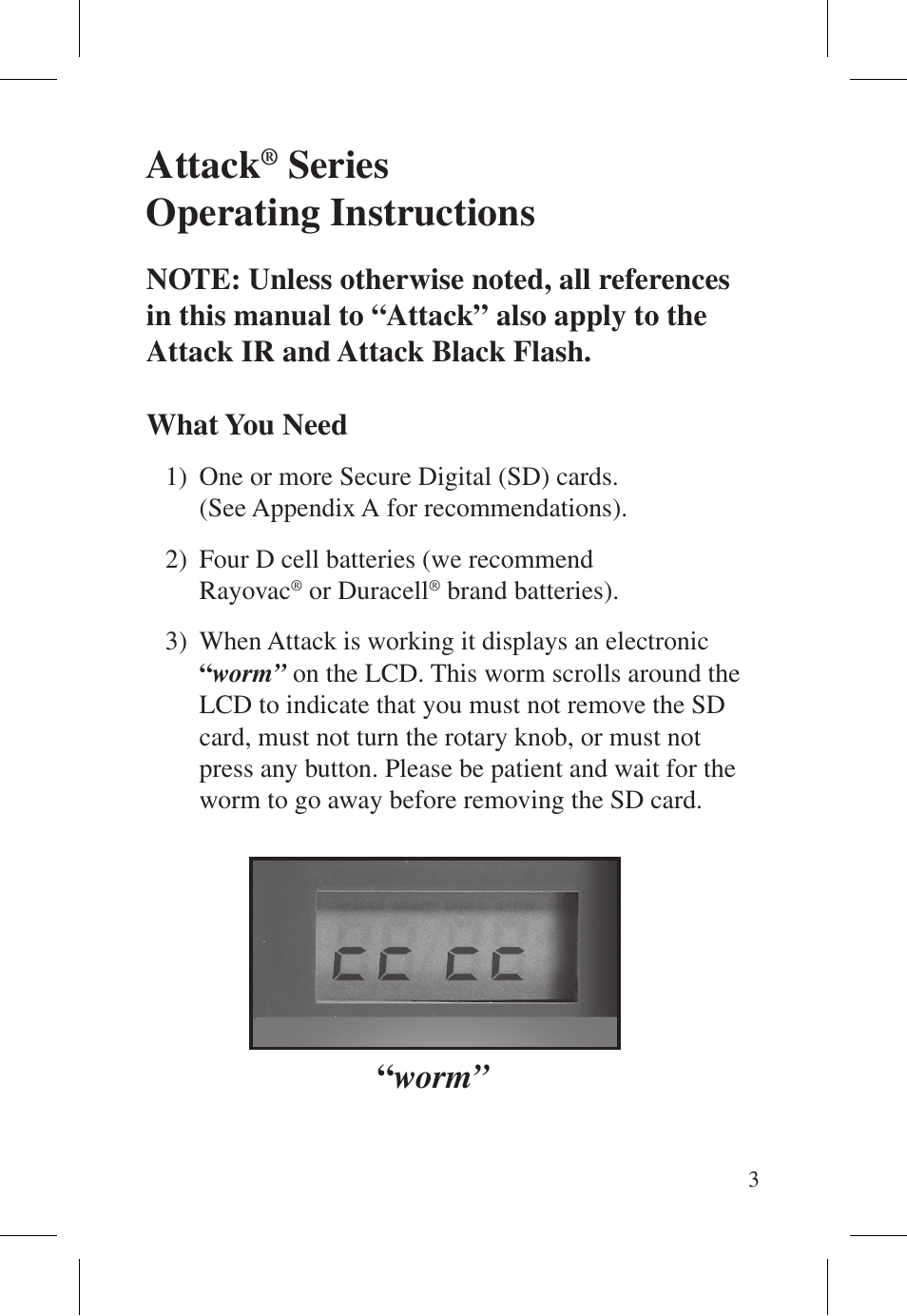 Attack, Series operating instructions, Worm | Cuddeback ATTACK FAMILY User Manual | Page 9 / 36