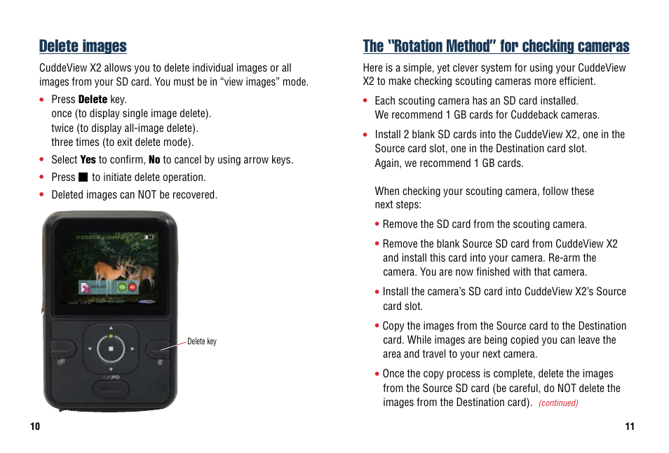 Delete images, The “rotation method” for checking cameras | Cuddeback CUDDEVIEW X2 User Manual | Page 12 / 20