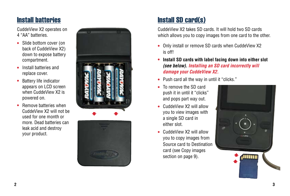 Install batteries, Install sd card(s) | Cuddeback CUDDEVIEW X2 User Manual | Page 4 / 20