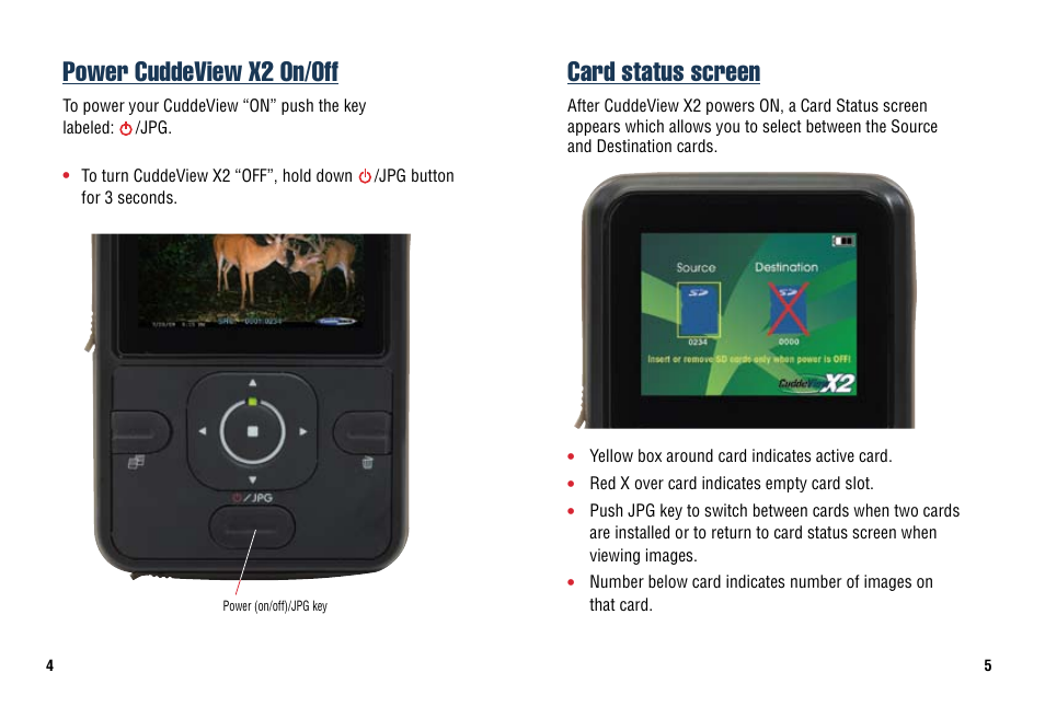 Card status screen, Power cuddeview x2 on/off | Cuddeback CUDDEVIEW X2 User Manual | Page 7 / 20