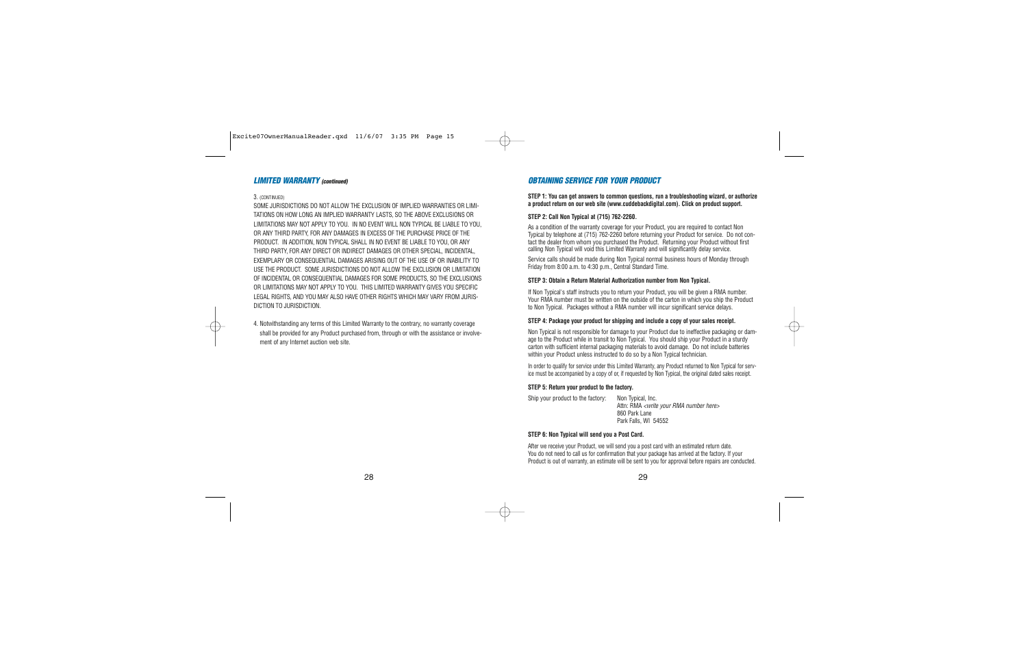 Obtaining service for your product, 29 28 limited warranty | Cuddeback EXCITE User Manual | Page 15 / 16
