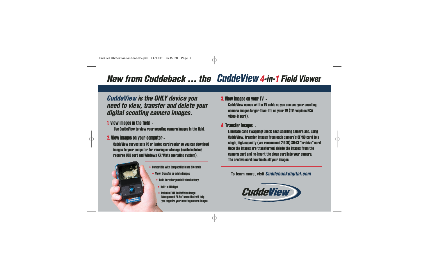 Cuddeview, New from cuddeback ... the, 4 -in- 1 field viewer | Cuddeback EXCITE User Manual | Page 2 / 16