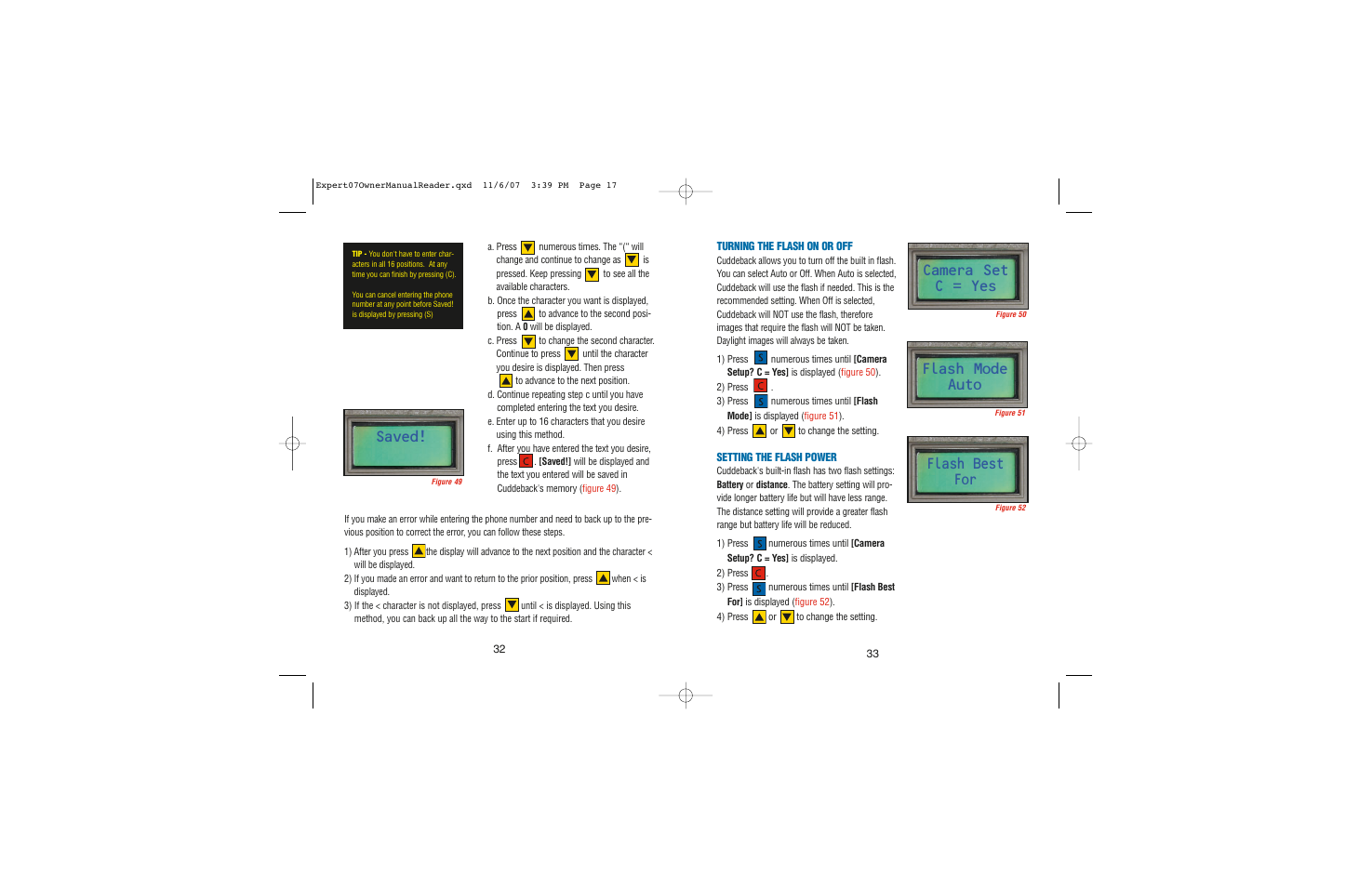 Saved, Flash mode auto, Flash best for | Camera set c = yes | Cuddeback EXPERT User Manual | Page 17 / 26