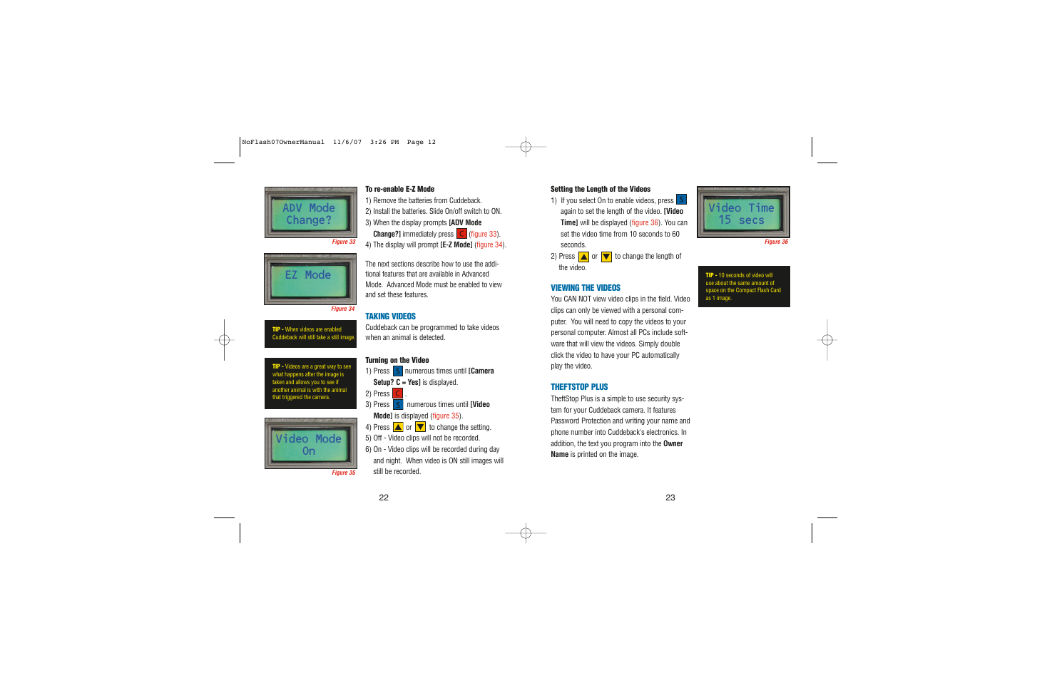 Ez mode, Video mode on, Adv mode change | Video time 15 secs | Cuddeback NOFLASH User Manual | Page 12 / 27