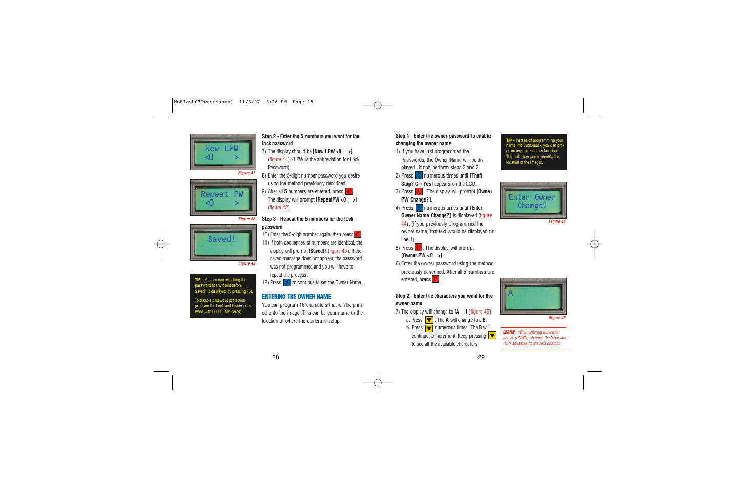 New lpw <0, Repeat pw <0, Saved | Enter owner change | Cuddeback NOFLASH User Manual | Page 15 / 27