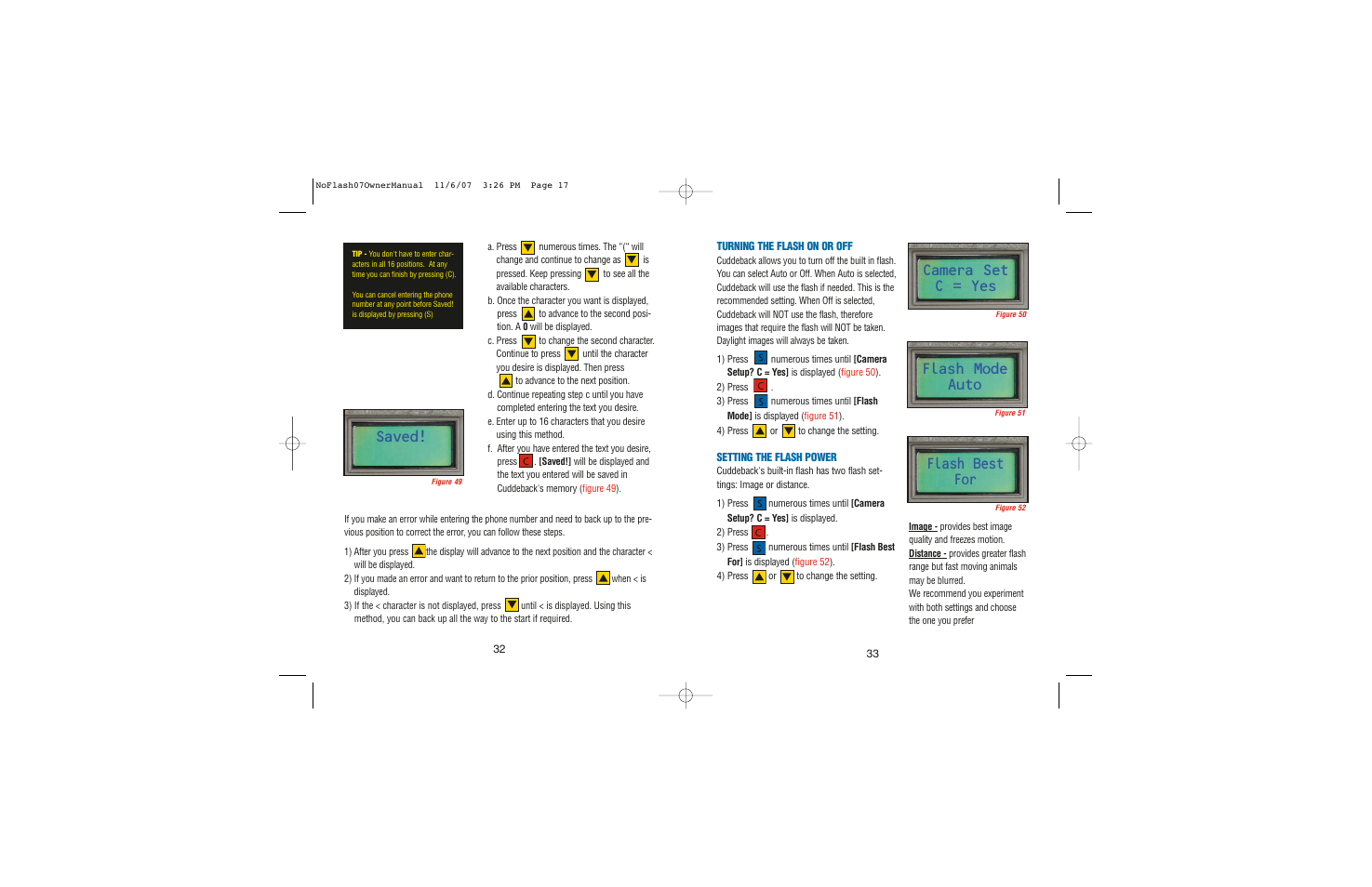Saved, Flash mode auto, Flash best for | Camera set c = yes | Cuddeback NOFLASH User Manual | Page 17 / 27