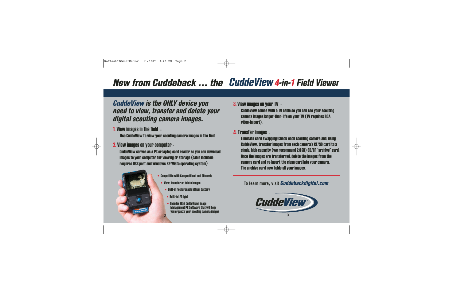 Cuddeview, New from cuddeback ... the, 4 -in- 1 field viewer | Cuddeback NOFLASH User Manual | Page 2 / 27