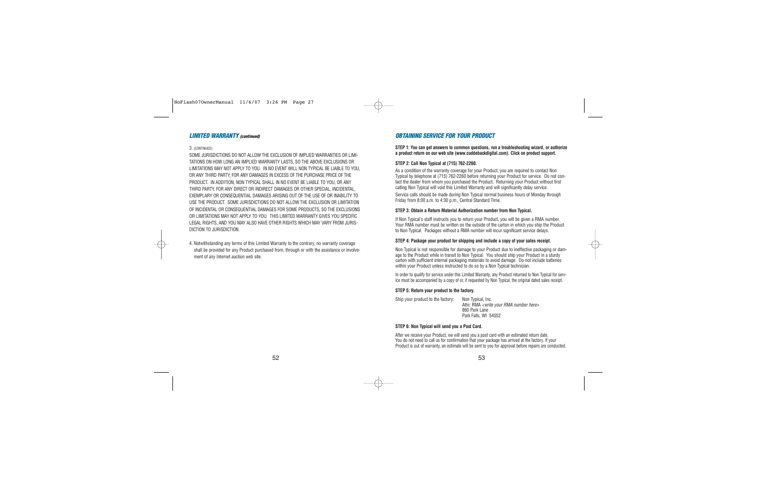 52 limited warranty, Obtaining service for your product | Cuddeback NOFLASH User Manual | Page 27 / 27