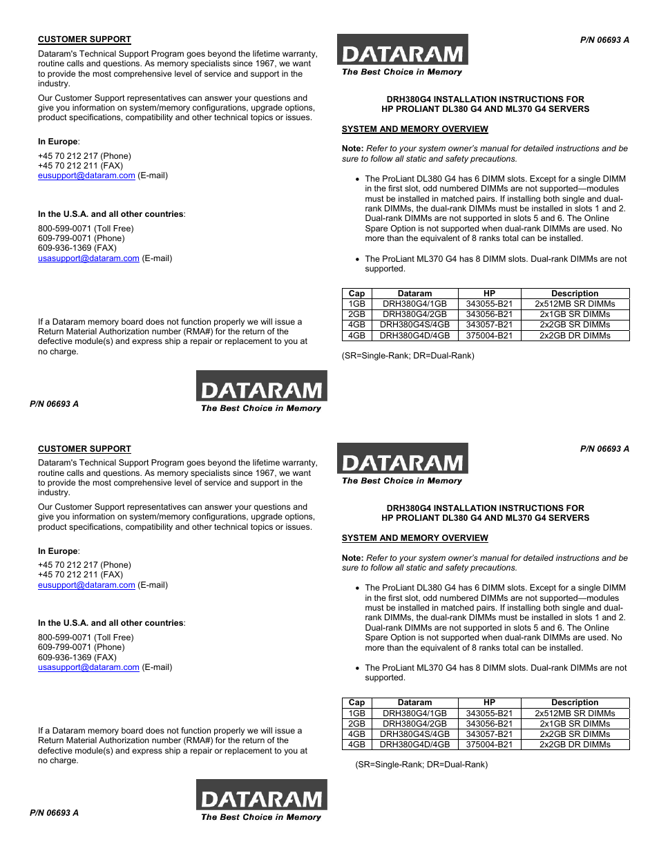 Dataram DRH380G4 User Manual | 2 pages