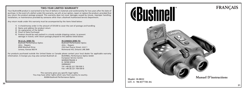 Français, Manuel d’instructions | Bushnell 18-0832 User Manual | Page 16 / 16