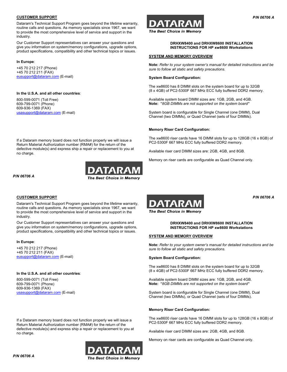 Dataram DRHXW8600 User Manual | 2 pages