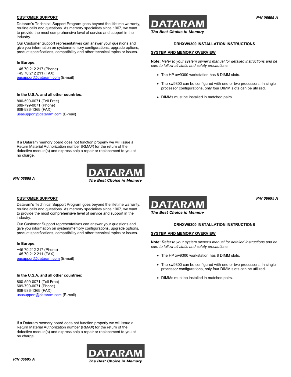 Dataram DRHXW9300 User Manual | 2 pages