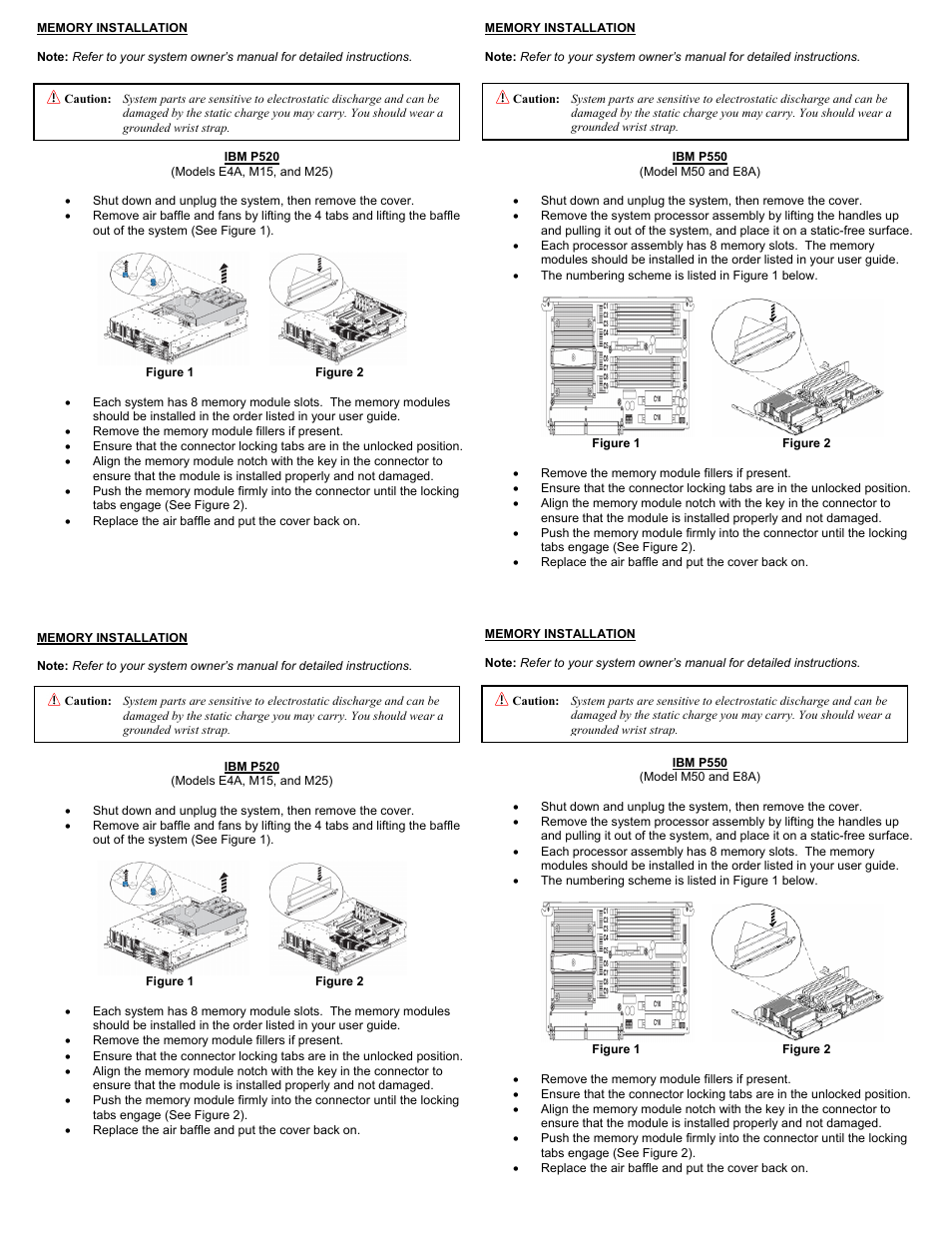 Memory installation, Ibm p550, Figure 1 figure 2 | Dataram DRI520P6 User Manual | Page 2 / 2