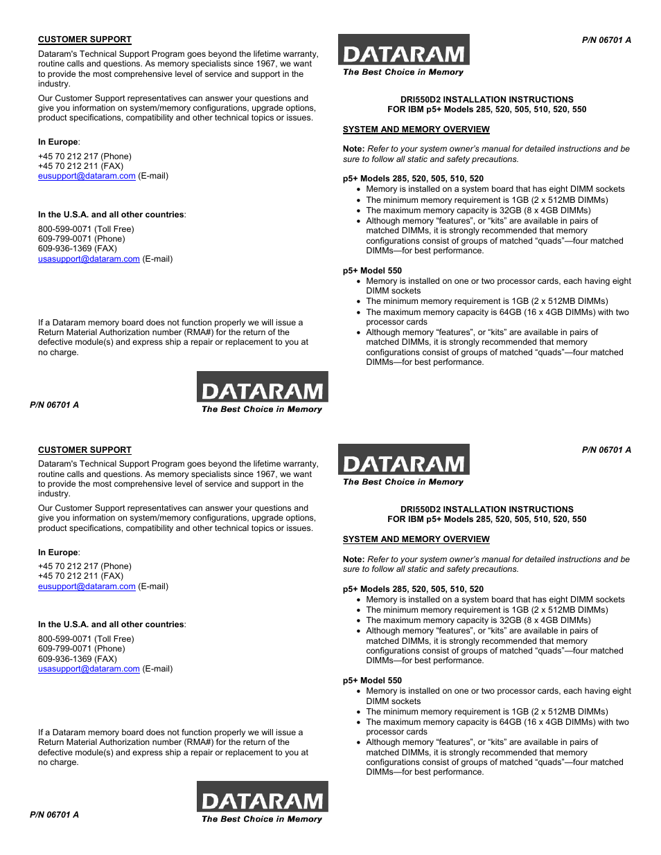 Dataram DRI550D2 User Manual | 2 pages