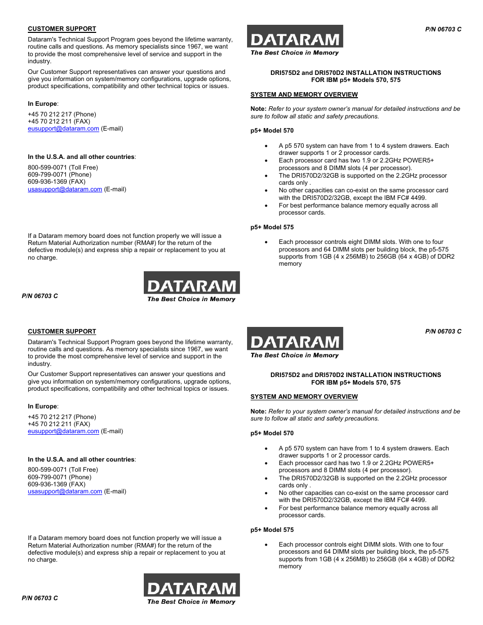 Dataram DRI575D2 User Manual | 2 pages
