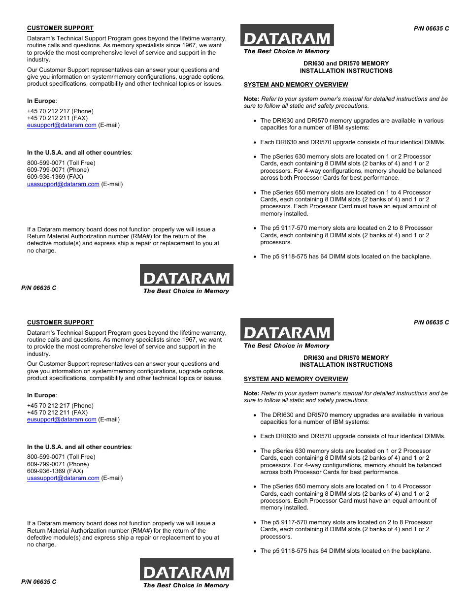 Dataram DRI630 User Manual | 2 pages