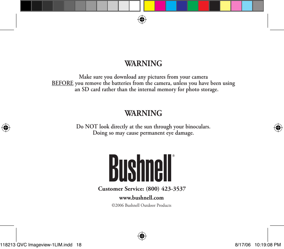 Warning | Bushnell 118213 User Manual | Page 18 / 18