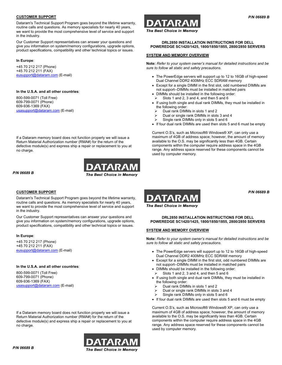 Dataram DRL2850 User Manual | 2 pages