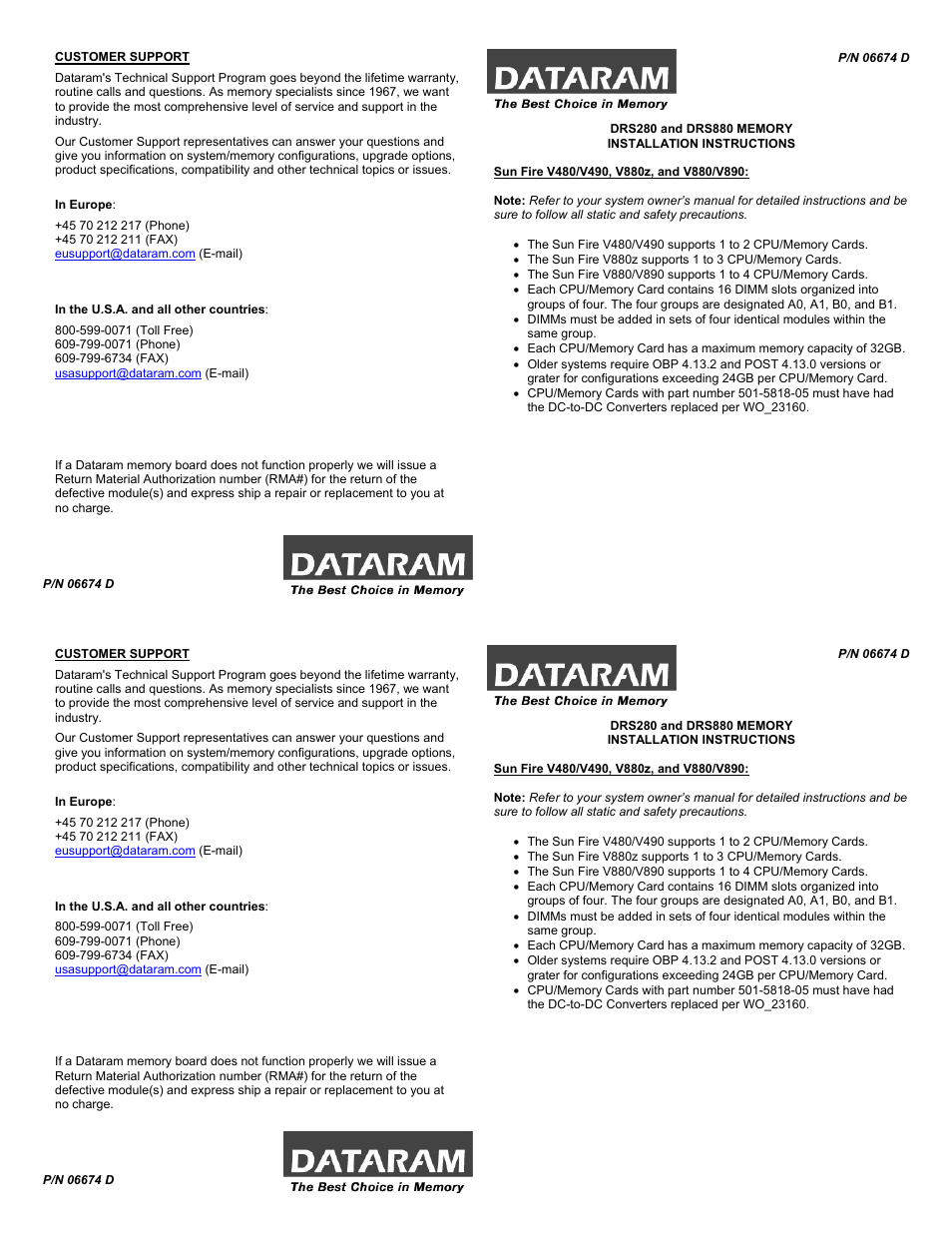 Dataram DRS880 User Manual | 2 pages