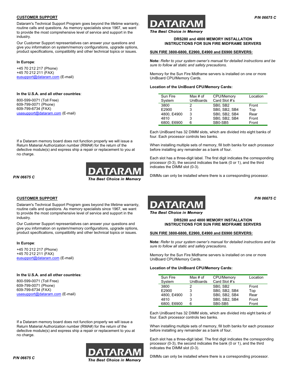 Dataram DRS4800 User Manual | 2 pages