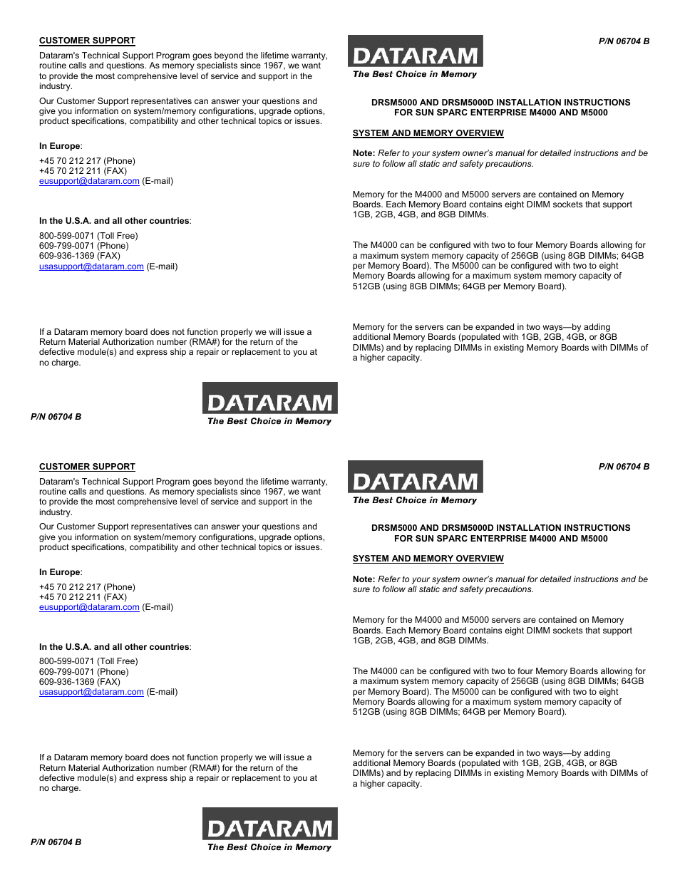 Dataram DRSM5000 User Manual | 2 pages